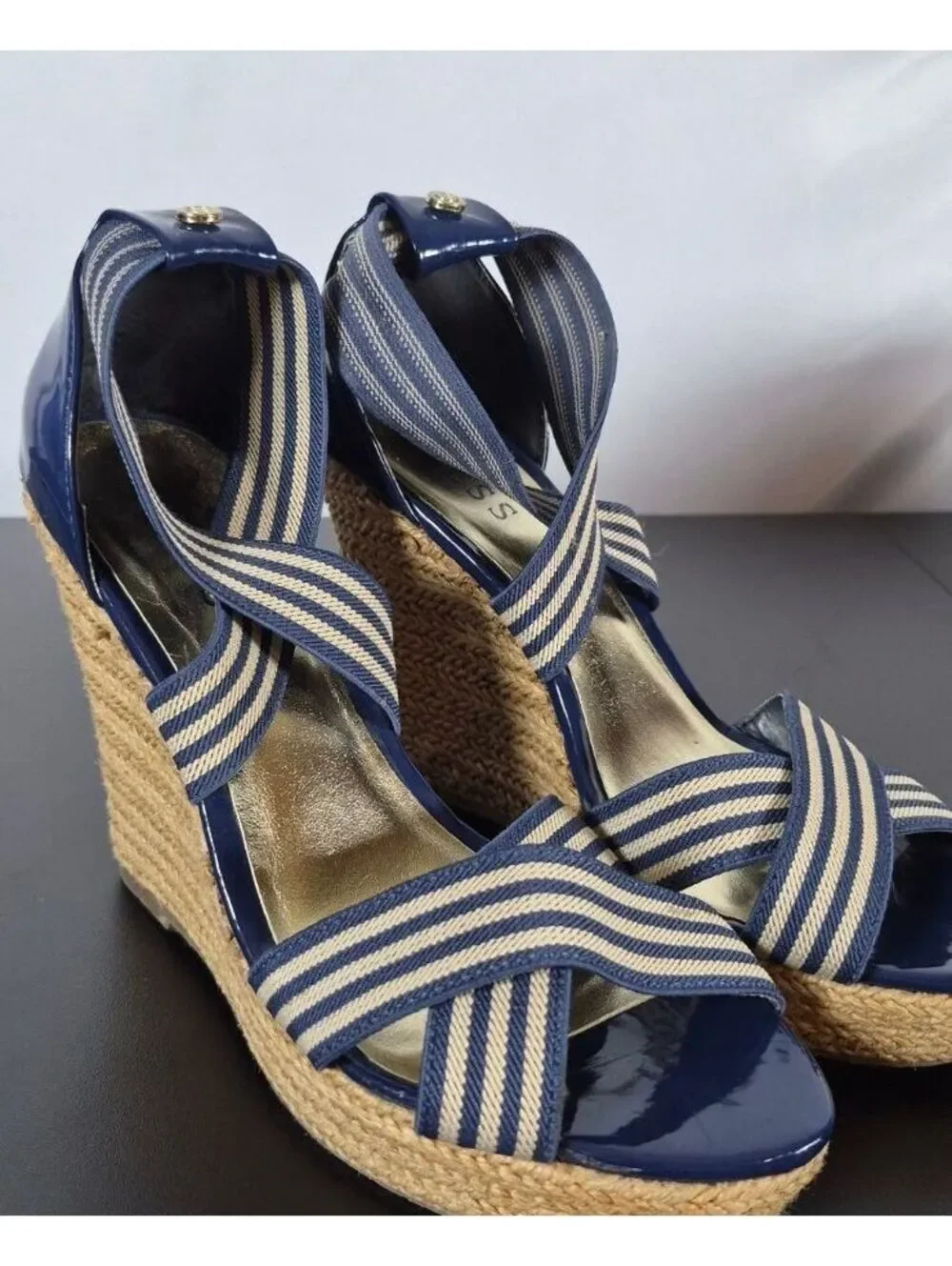 Guess Navy Striped Espadrille Wedge Sandals Size 7.5